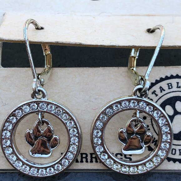 Pet Friends Dog Paw Print Gold Tone Faux Diamond Drop Dangling Earrings - Picture 2 of 6